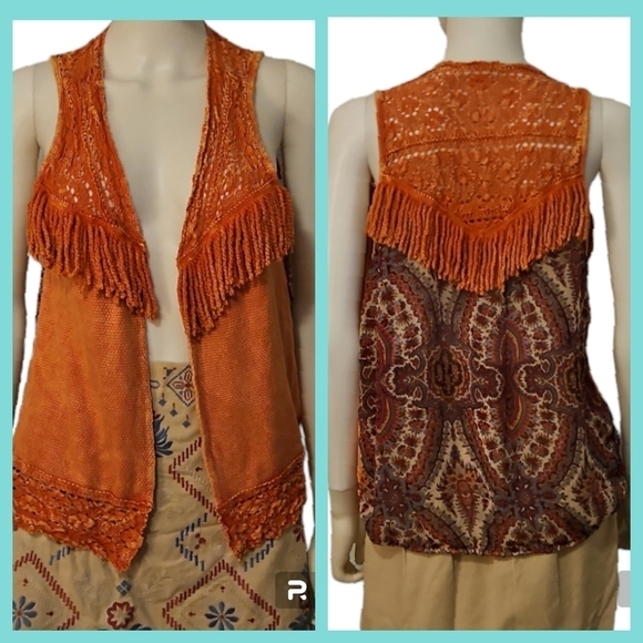 GIMMICKS by BKE Orange Fringe Terry Cloth Waistcoat Vest - Picture 1 of 10